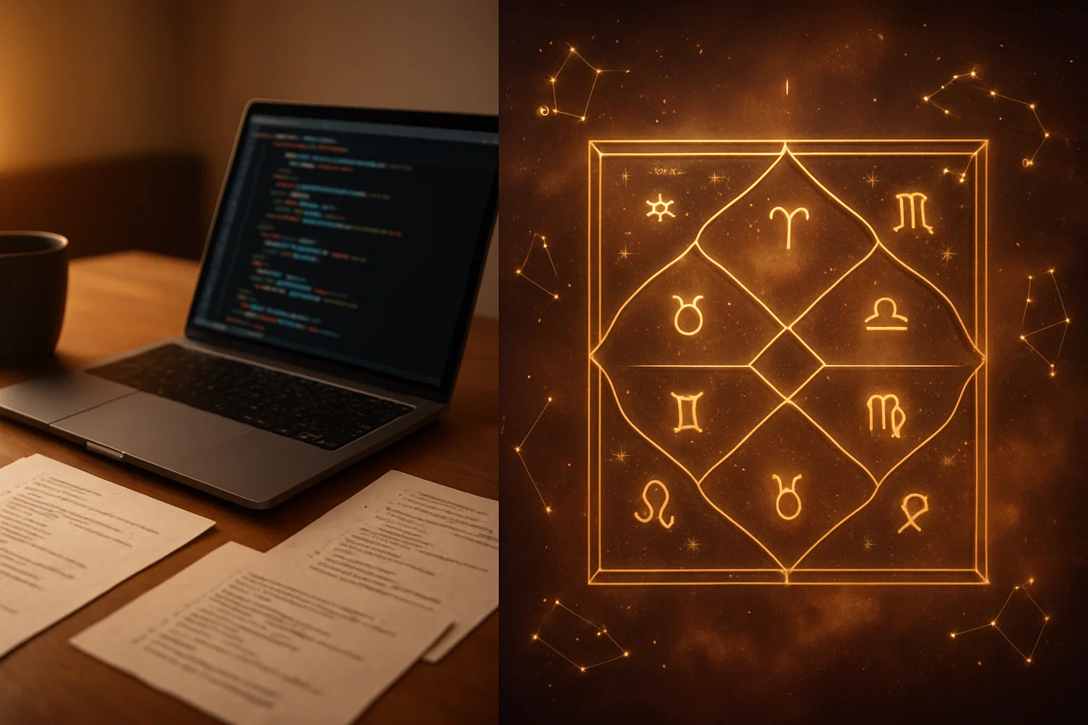 A personal journey from skepticism to curiosity—modern desk setup blending with a subtle birth chart motif